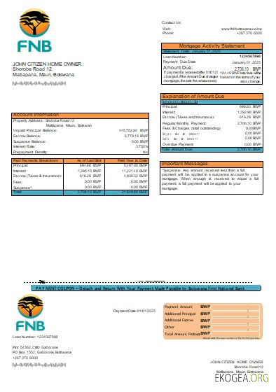 Botswana First National Bank relevé hypothécaire scr